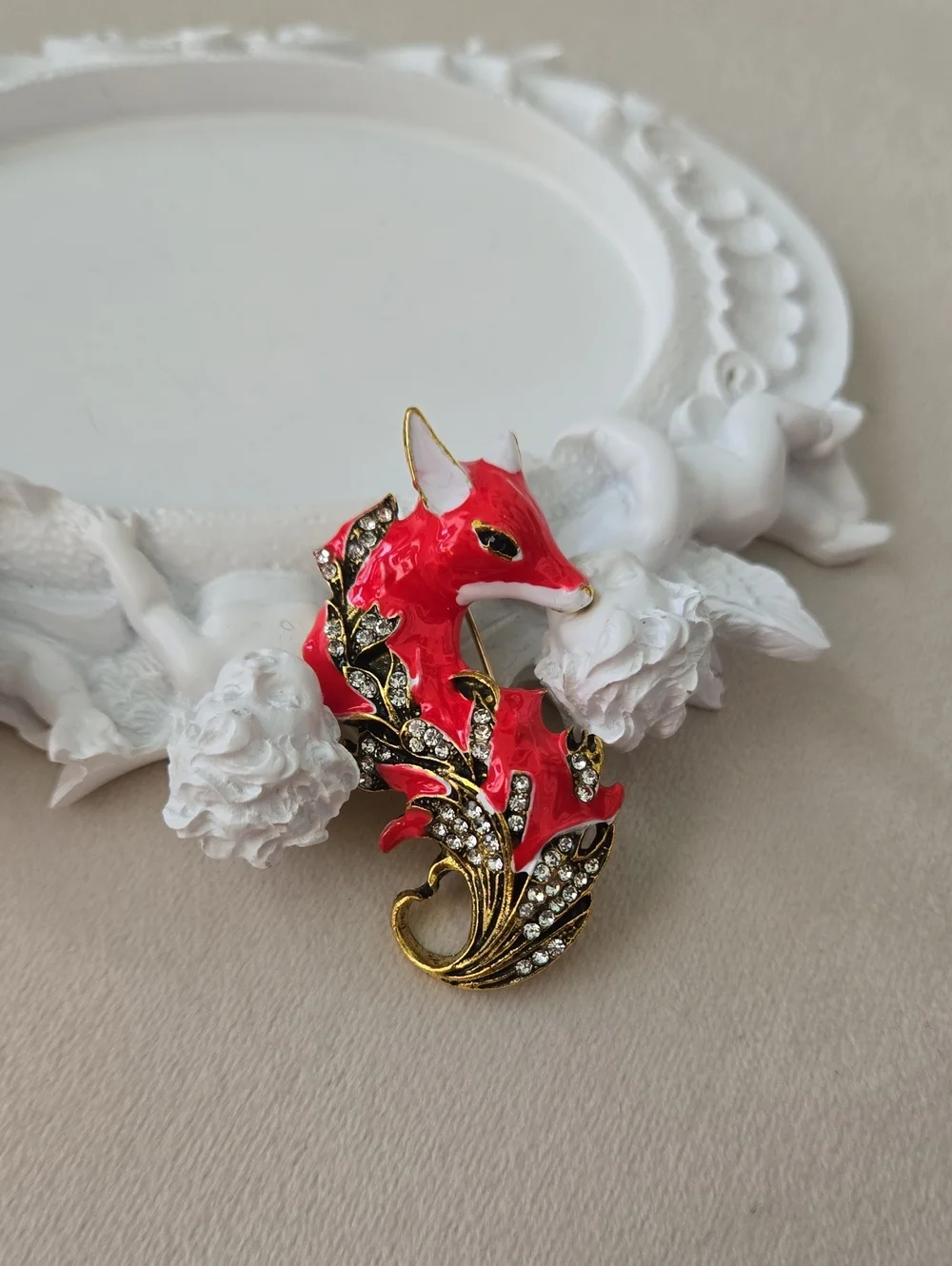 Adorable Gold-Tone Enamel Red Fox Crystal Brooch, Fall Brooch, NWT